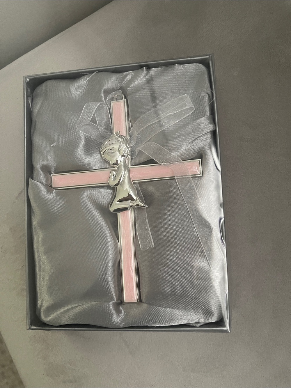Pink Ribbon Cross Wall Plaque with Praying Child- Baptism Gift